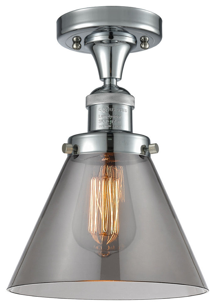 1-Light Large Cone 8" Semi-Flush Mount, Polished Chrome, Glass: Smoked