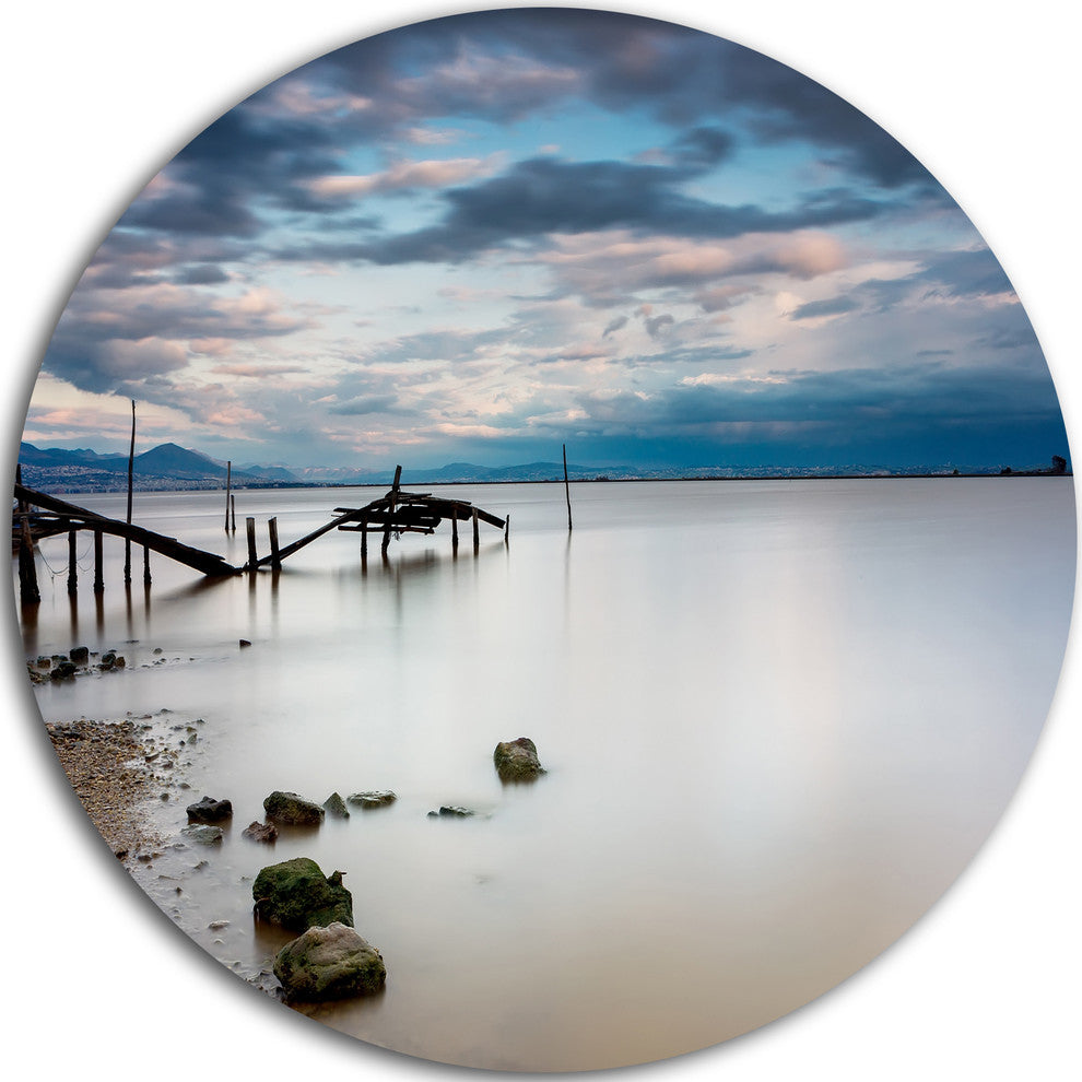Magic Sunrise With Old Wooden Pier, Seascape Circle Metal Wall Art, 23"