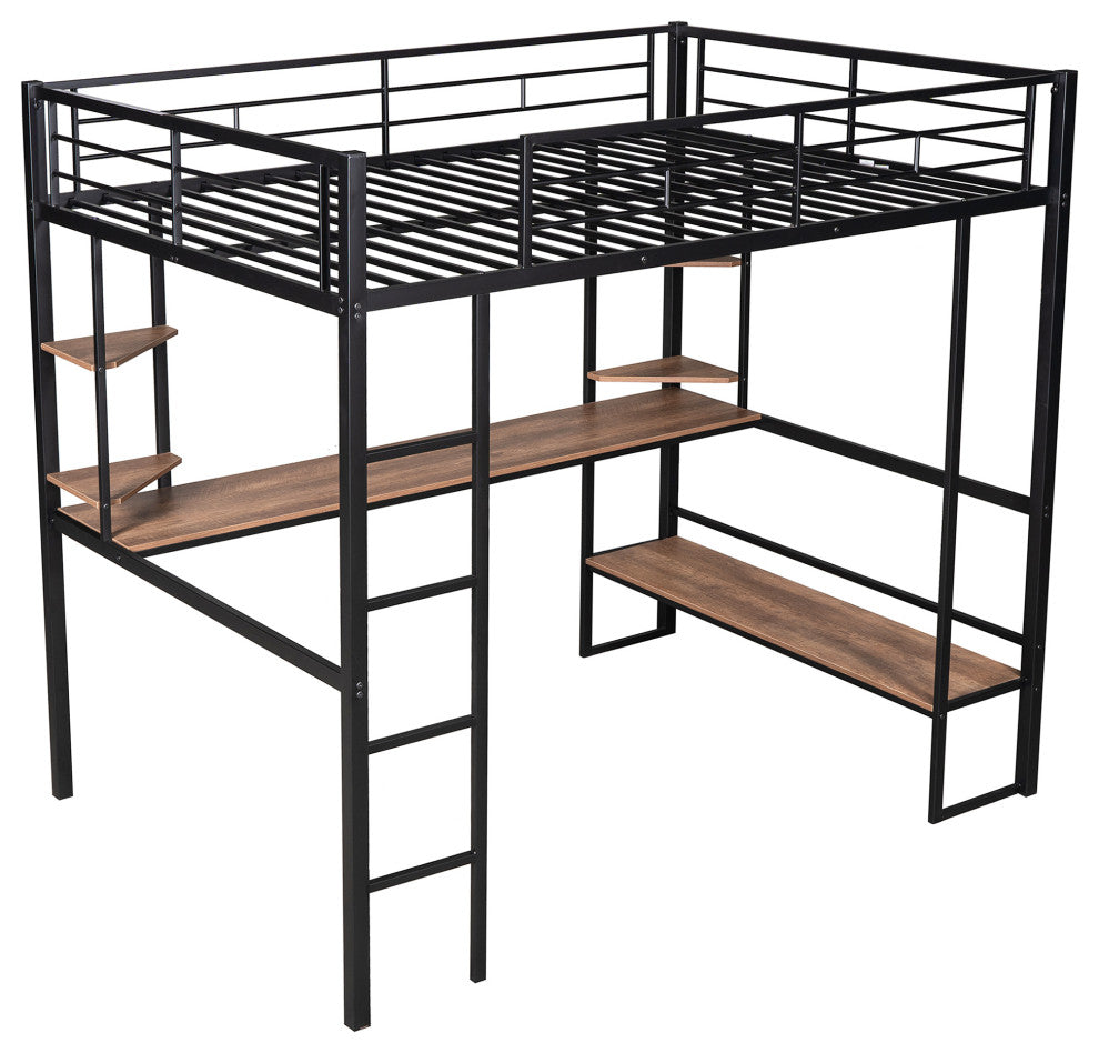 Gewnee Full Size Loft Metal&MDF Bed with Long Desk and Shelves in Black