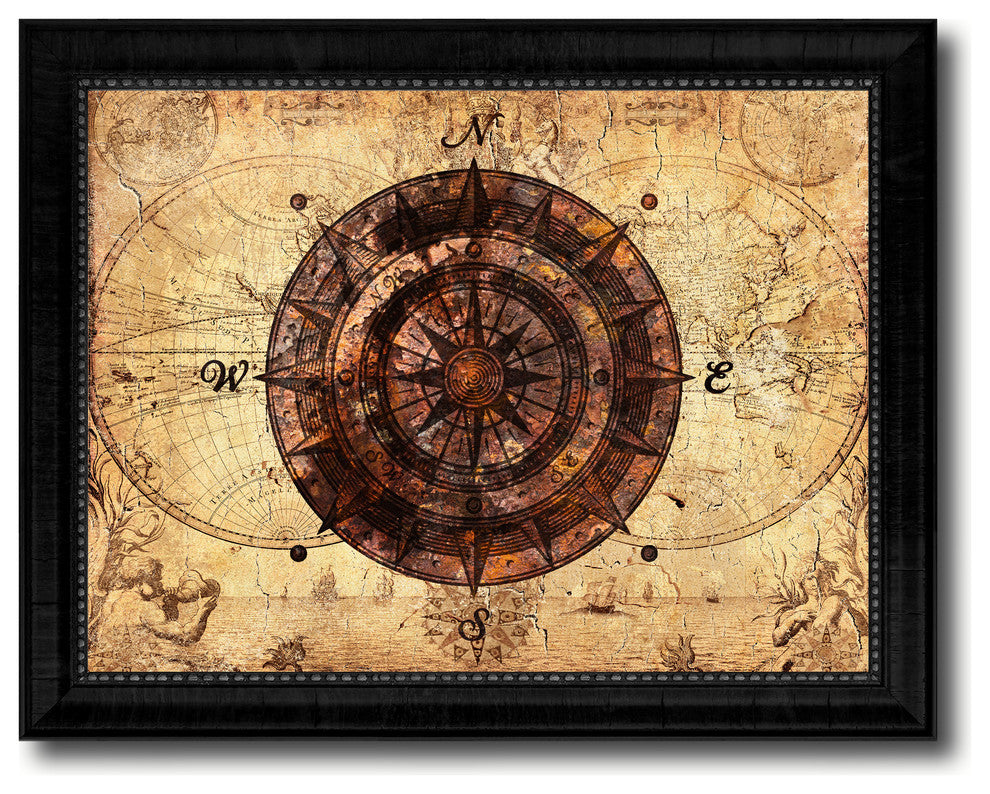 Compass Vintage Nautical Map Print on Canvas with Picture Frame, 30" x 39"