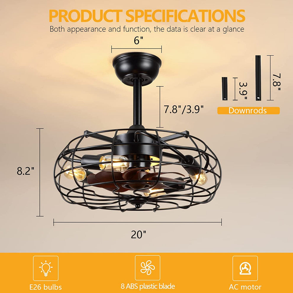 4 Light Caged Fan With Lights Remote Control Black Ceiling Fan Light
