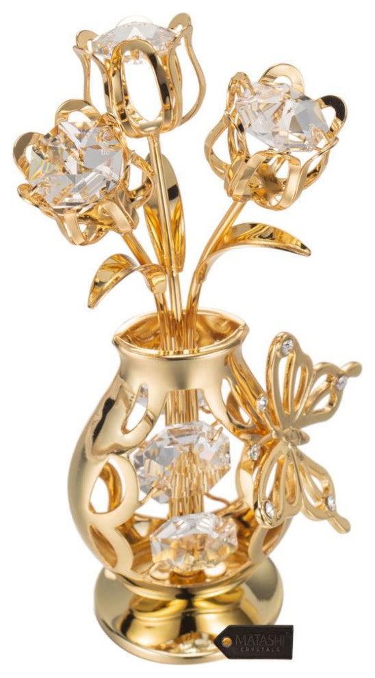Matashi 24K Gold Plated Flower Ornament in Vase w Crystals Decorative Butterfly