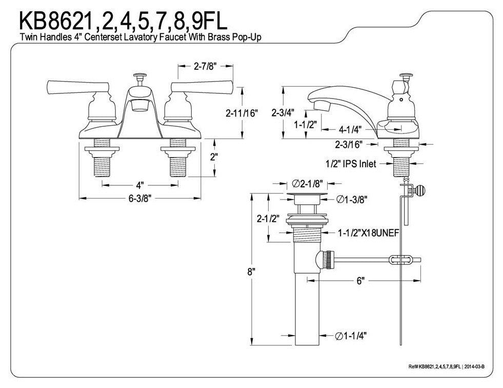 Royale Two Handle 4" Centerset Lavatory Faucet with Brass Pop-up
