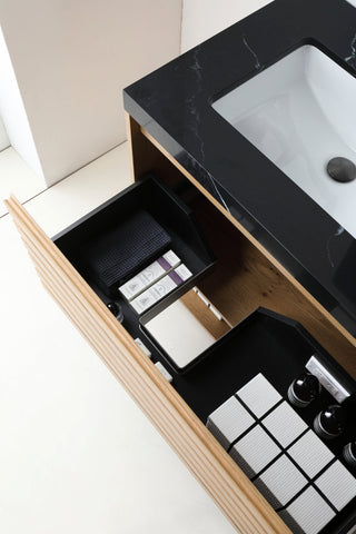 Matera Wall Mount Modern Bathroom Vanity, Pecan Oak, 48", Black Countertop