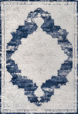 Alhambra Ornate Medallion Modern Runner Rug, Ivory/Navy, 4x6