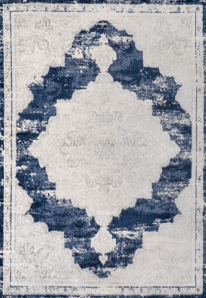 Alhambra Ornate Medallion Modern Runner Rug, Ivory/Navy, 4x6