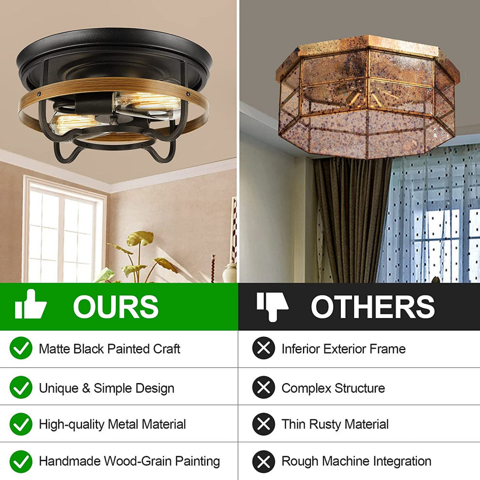 2 Light Vintage Flush Mount Ceiling Light Fixture, Industrial