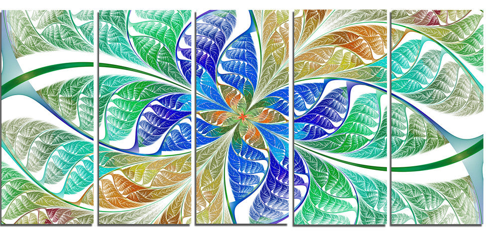 Light Blue Fractal Stained Glass, Abstract Canvas Art Print, 60"x28", 5 Panels