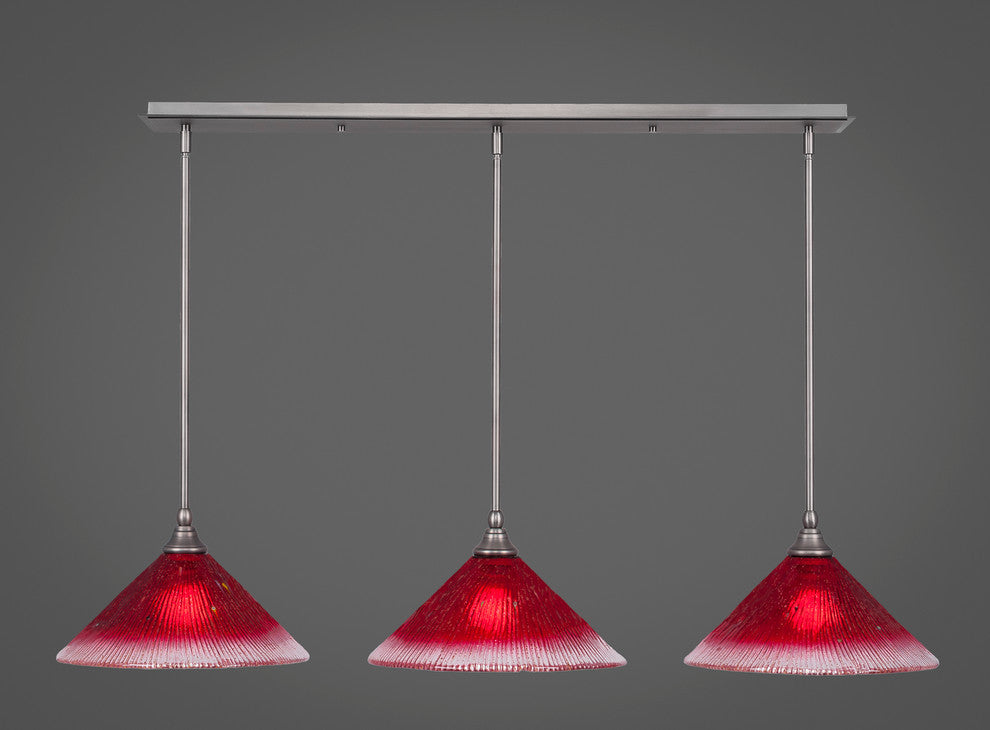 3 Light Mini Pendant In Brushed Nickel, 12" Raspberry Crystal Glass