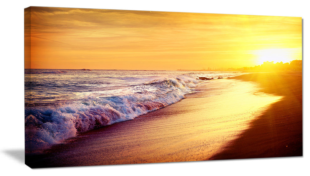 "Bright Yellow Sky With Foam Waves" Seashore Wall Art, 40"x20"