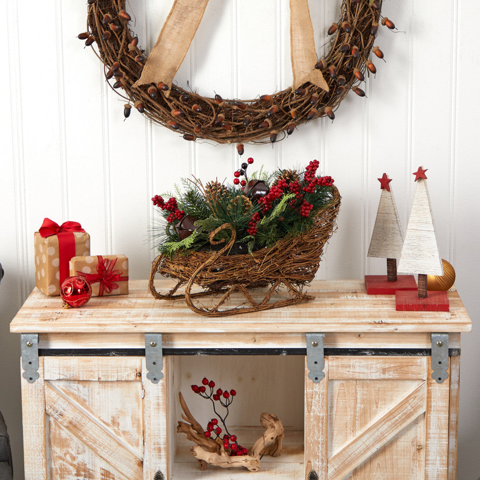 18" Christmas Sleigh With Pinecones & Berries Artificial Christmas Arrangement