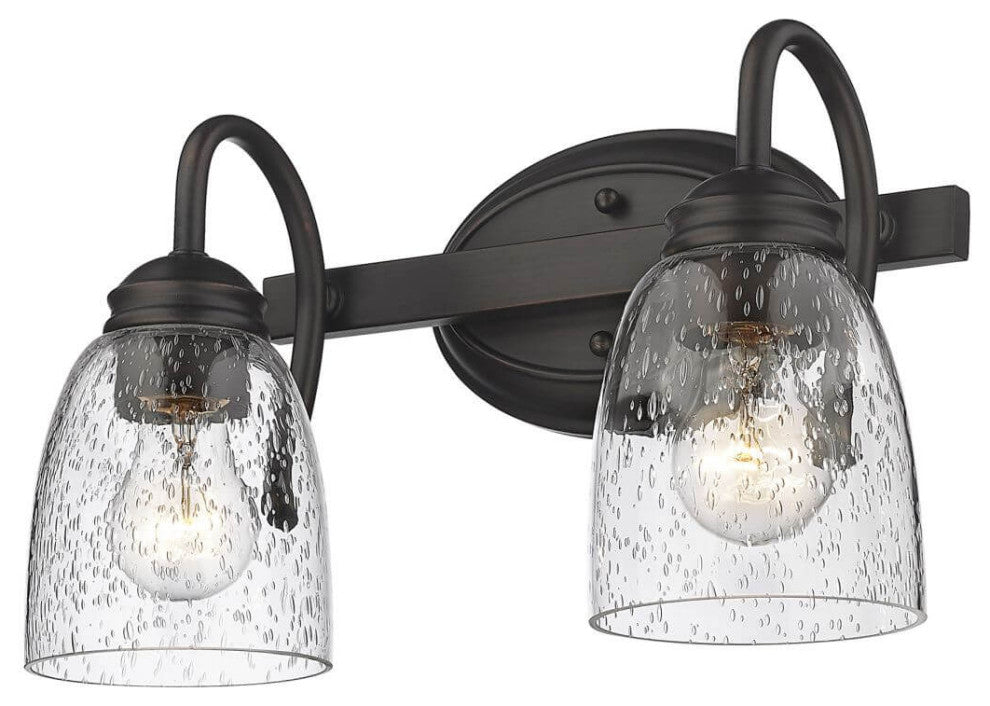 2 Light 14" Bath Vanity Light, Rubbed Bronze With Seeded Glass