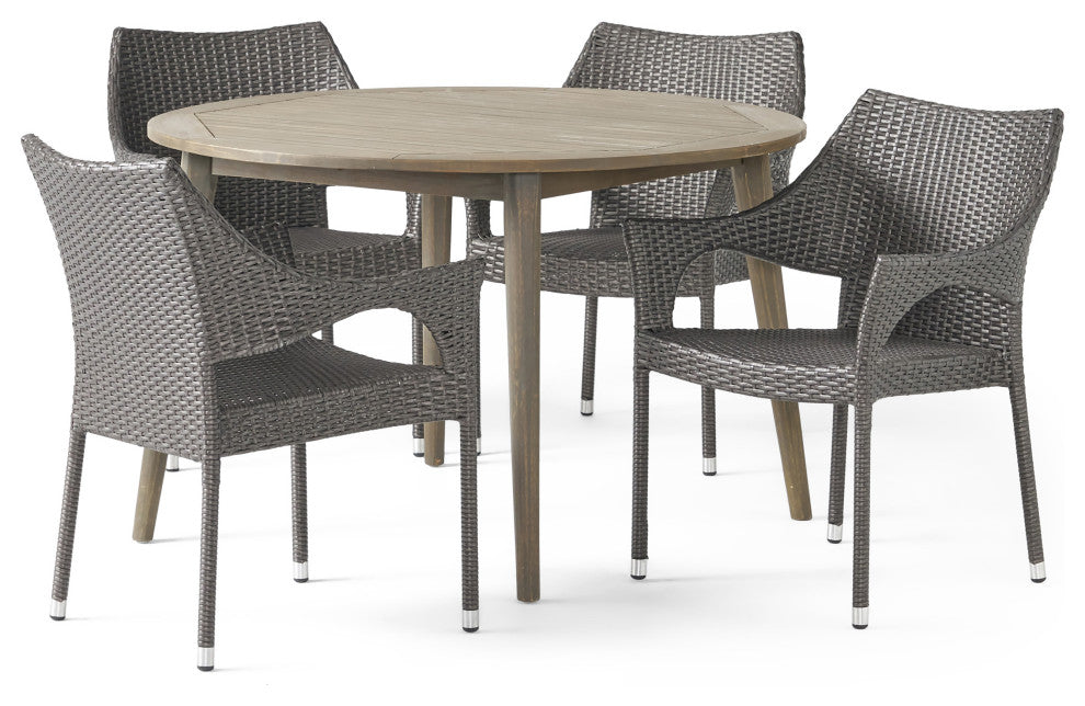 GDF Studio 5-Piece Nix Outdoor Wood and Wicker Dining Set, Gray Finish/Gray