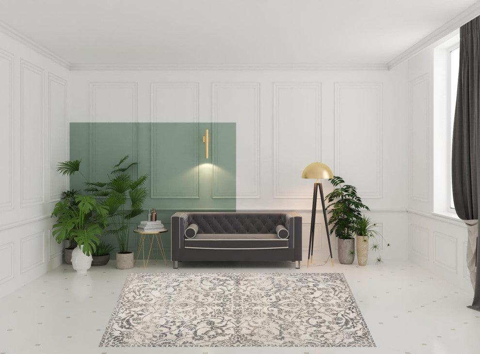 8' X 10' Ivory and Gray Floral Vines Distressed Area Rug
