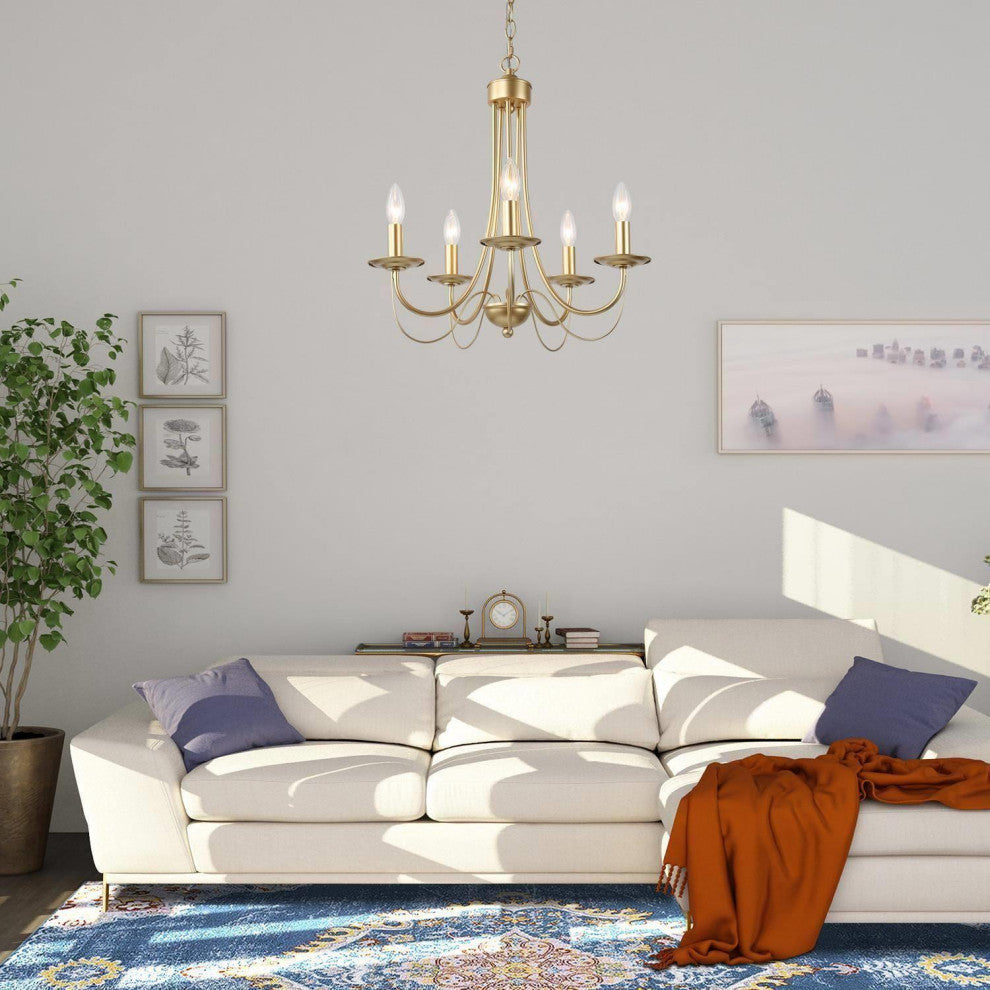 LNC 5-Light Modern Matte Metal Candle-Style Chandelier, Gold