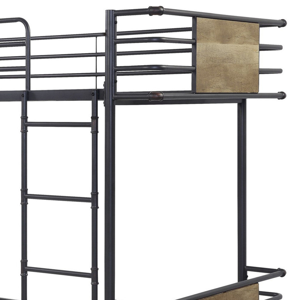 Benzara BM235363 Metal Twin Over Twin Bunk Bed With Attached Ladder, Black