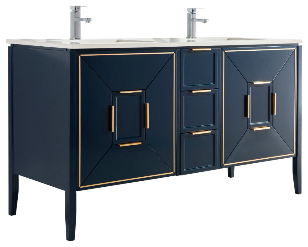 Vetro 60" Vanity With Quartz Counter Top, Gloss White, Navy Blue