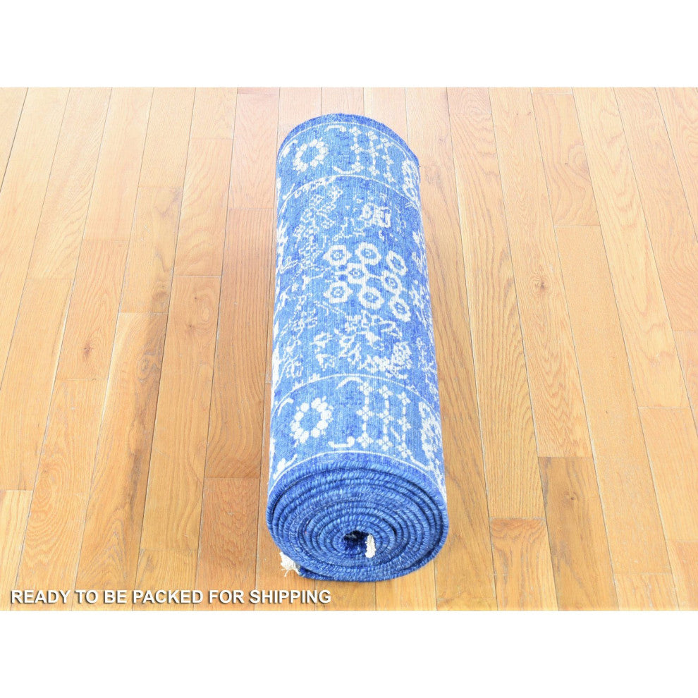 Blue Tone on Tone Tabriz Wool and Silk Hand Knotted XL Runner Rug, 2'6"x16'10"