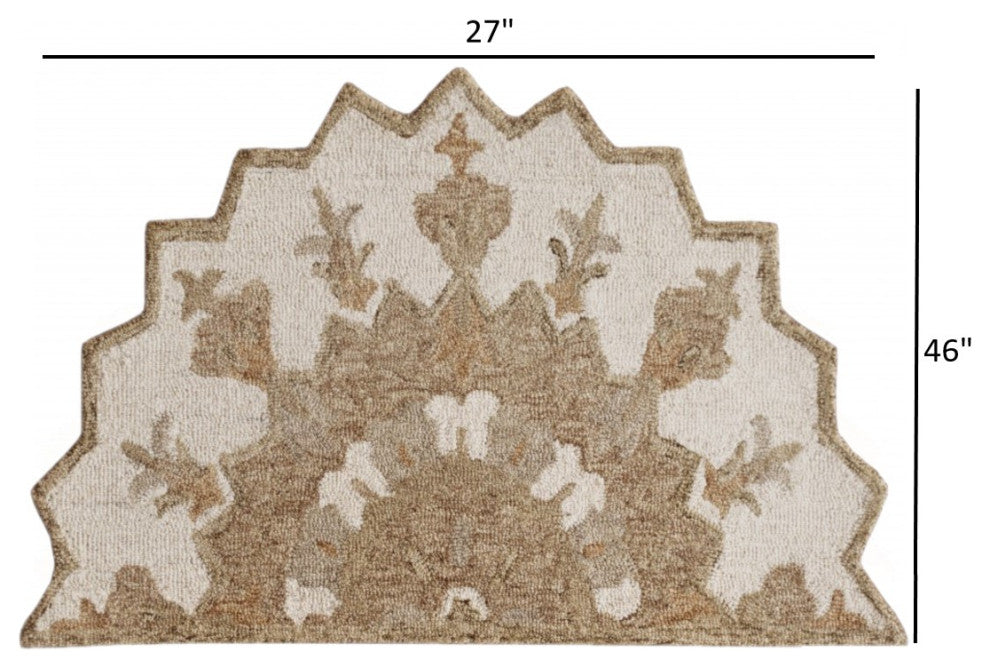 2' X 4' Tan and Beige Wool Medallion Hand Woven Half Circle Area Rug