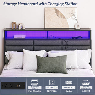 Full Size Bed Frame with Storage Drawers and Headboard (Gray)