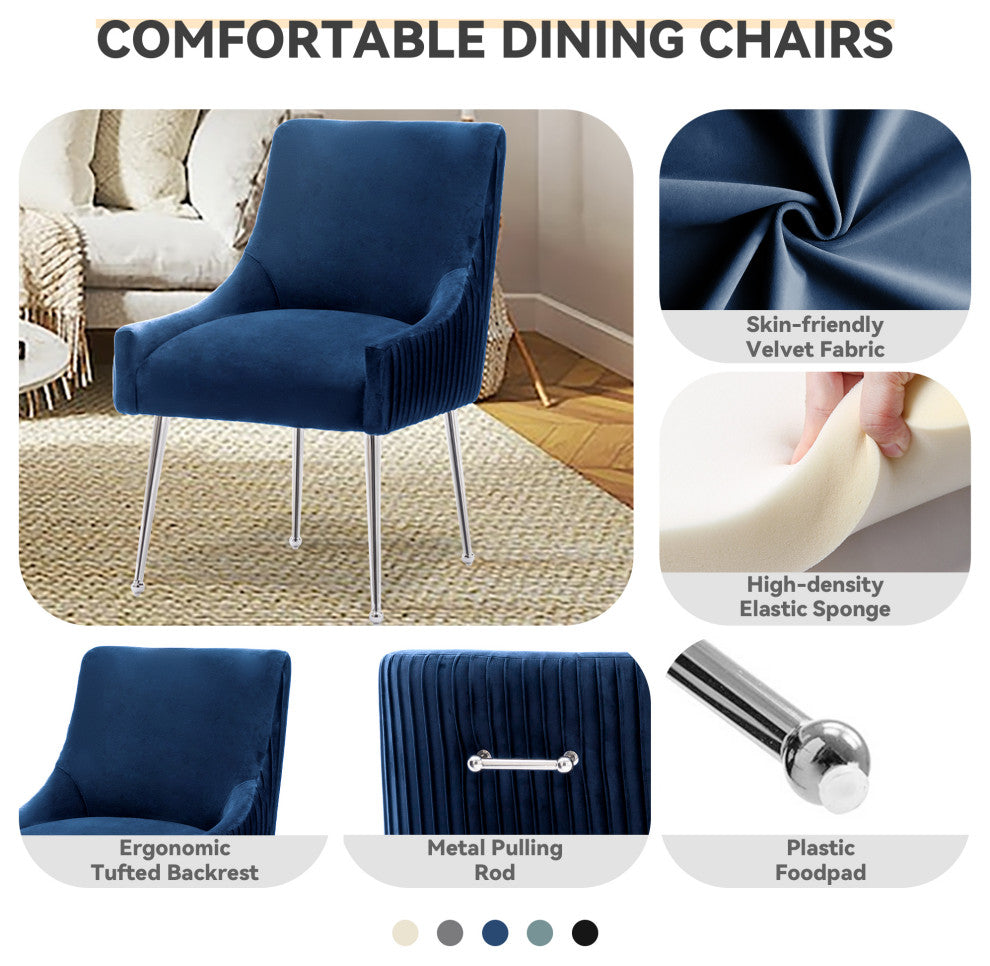 Pleated Velvet Dining Chair Set of 2, Tufted Accent Chair with Silver Legs, Navy