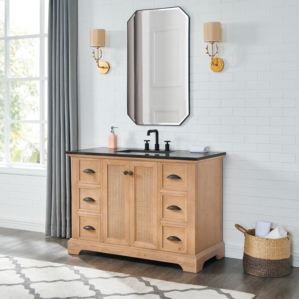 Hervas Bath Vanity, Fir Wood Brown, 48in., Celestite Marble Top, No Mirror