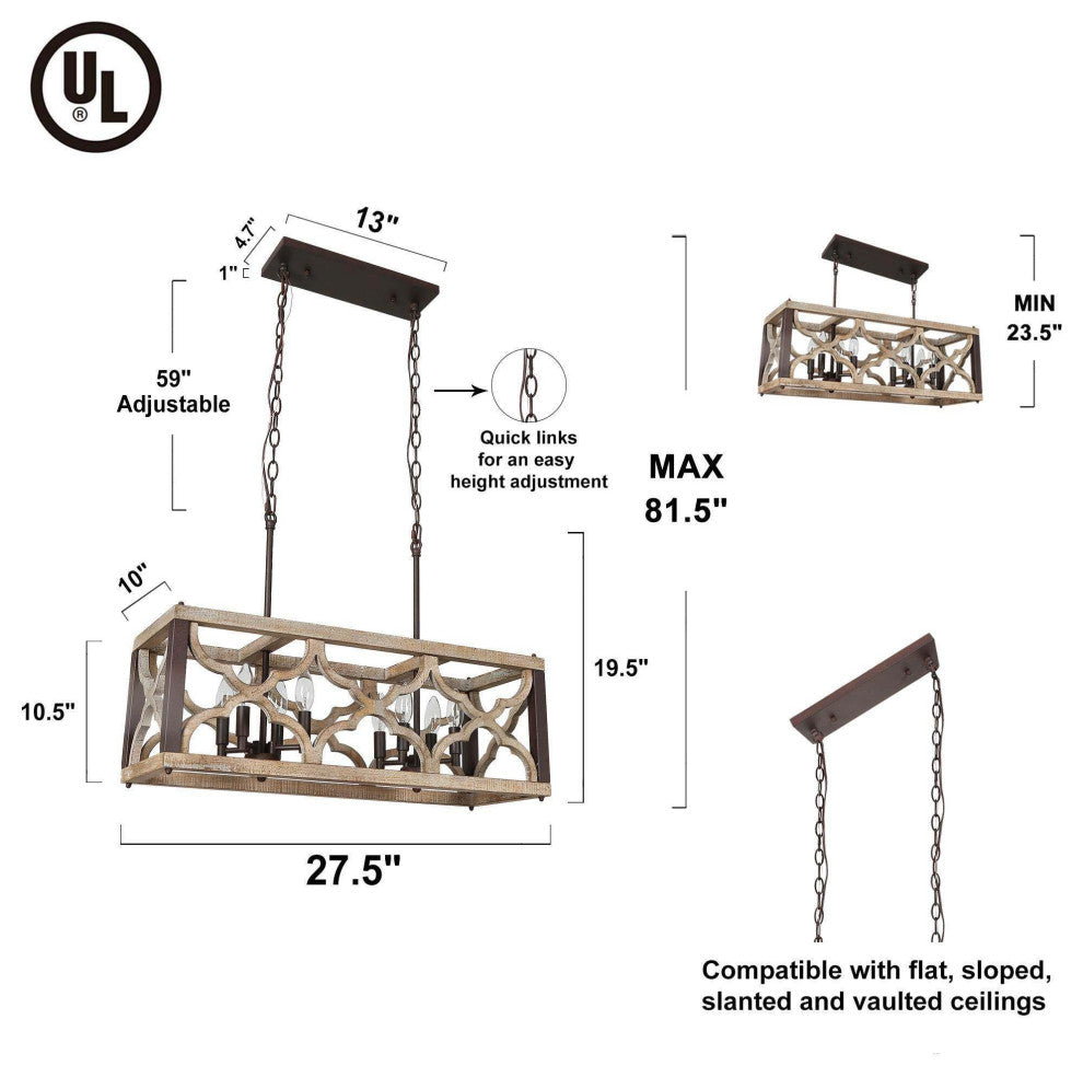 LNC 8-Light Distressed Wood 27.5" Chandelier, Rectangle, Farmhouse