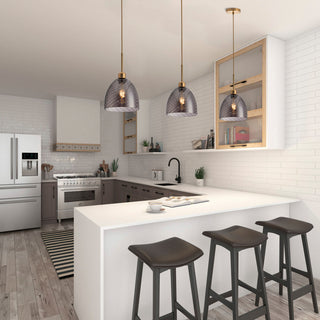 Modern Brushed Bronze 1-Light Smoke Grey Striped Glass Pendant Light