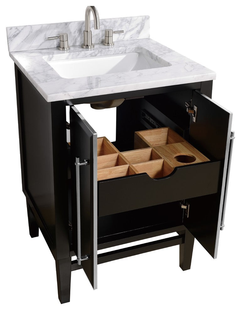 Mason 25" Vanity Combo, Black, Brushed Silver / Natural 1" Carrara White Marble Countertop and Backsplash