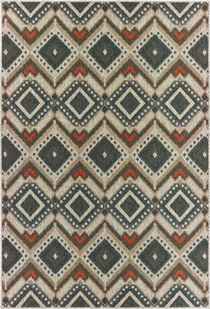 Oriental Weavers Latitude Grey/ Orange Geometric Indoor/Outdoor Rug 6'7"X9'2"
