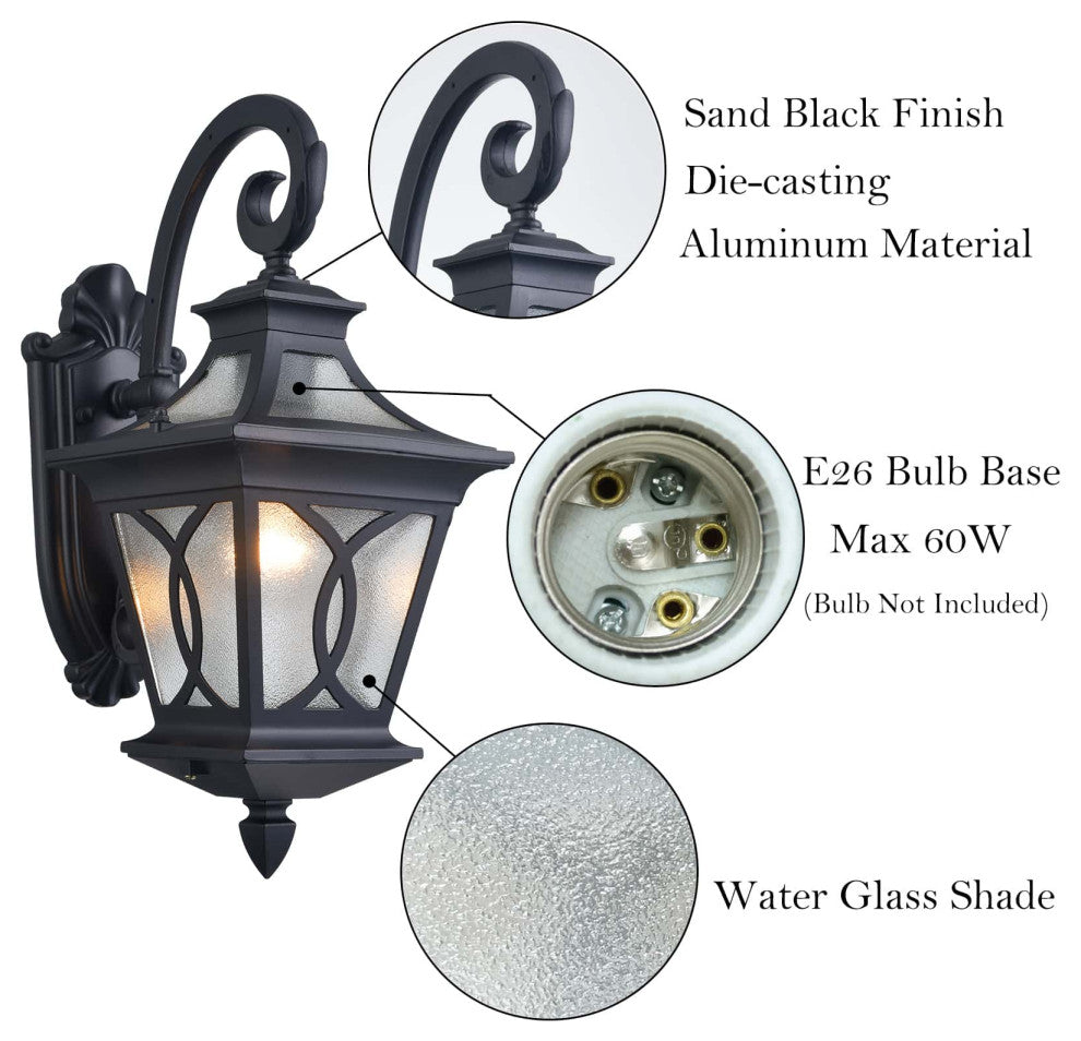 Black Outdoor Wall Sconce Light With Water Glass Shade
