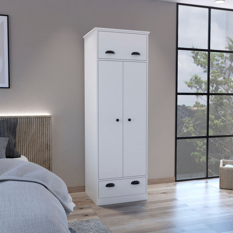 Linch Armoire with Hinged Drawer, 2-Door Cabinet, Shelf, and Hanging Rod, White