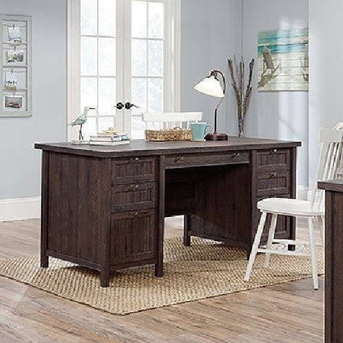 Cottage Desk, Drawers With Grooved Pulls & Metal Pull Handles, Coffee Oak