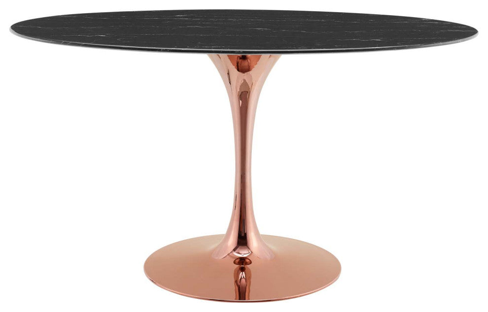 Dining Table, Oval, Artificial Marble, Metal, Rose Gold Black, Modern, Bistro