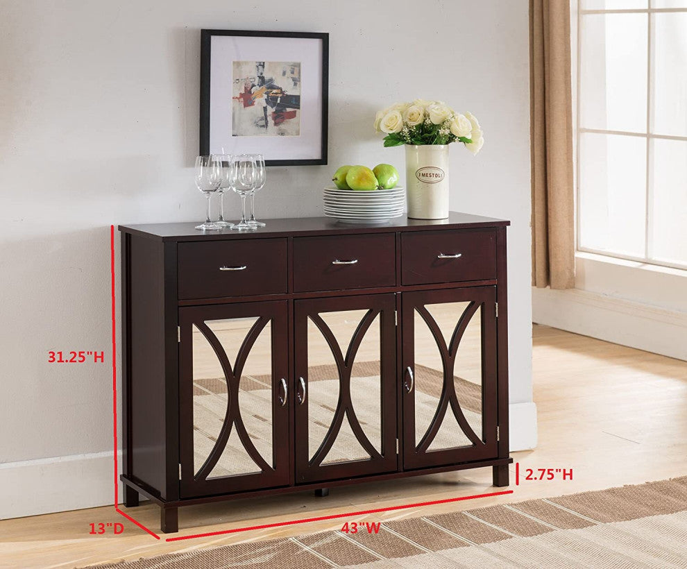 Buffet Server Cabinet / Console Table, Mirrored Doors, Espresso Finish