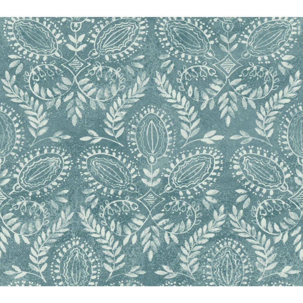 Teal Laurel Damask Wallpaper
