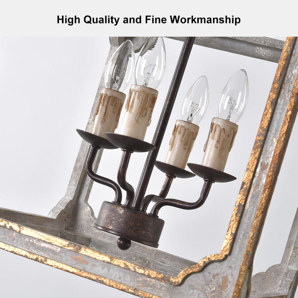 4-Light Lantern Chandelier Square Candelabra Pendant Light, Antique Gray