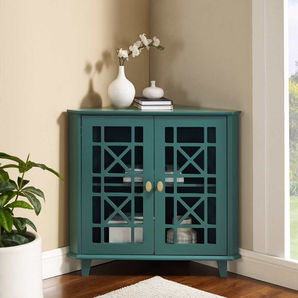 Fretwork Corner Accent Cabinet, Dark Teal