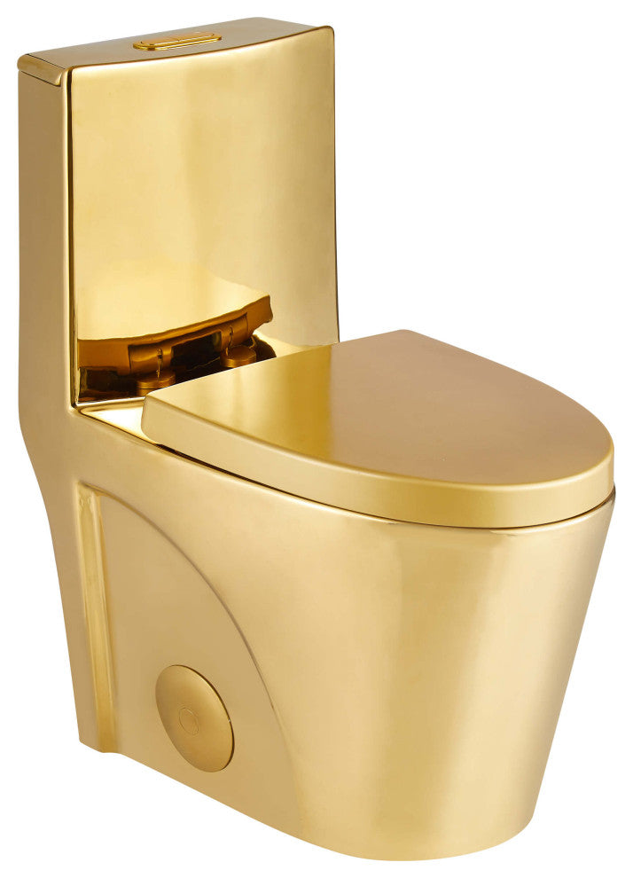 Fine Fixtures Dual-Flush Elongated One-Piece Toilet With High Efficiency Flush, Shiny Gold