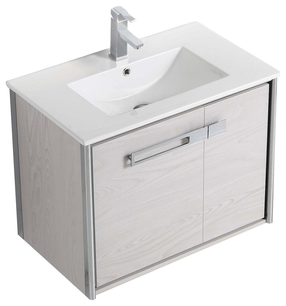 Oakville Wall Mount Bathroom Vanity, Mild Grey Oak, 30", Chrome Hardware