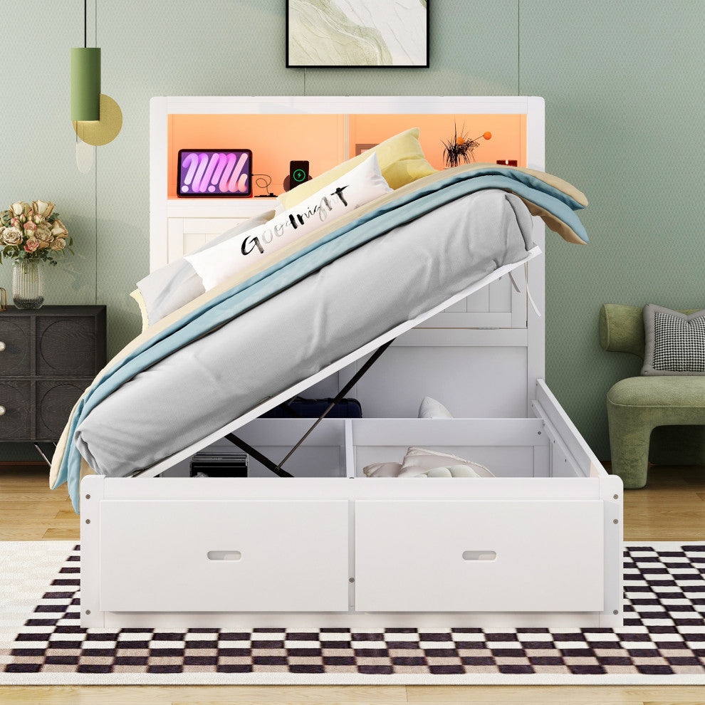 Gewnee Wood Full Size Hydraulic Platform Bed with Storage LED Headboard