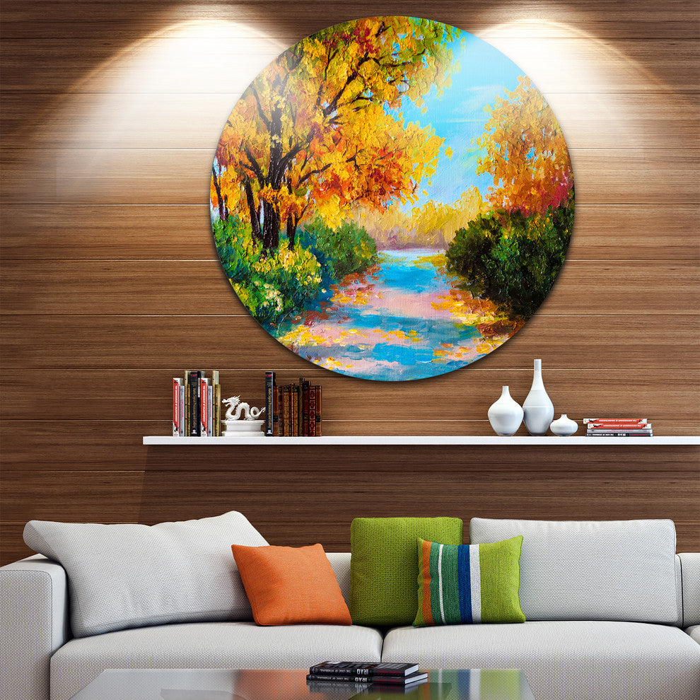 Autumn Forest With Colorful River, Landscape Round Wall Art, 36"