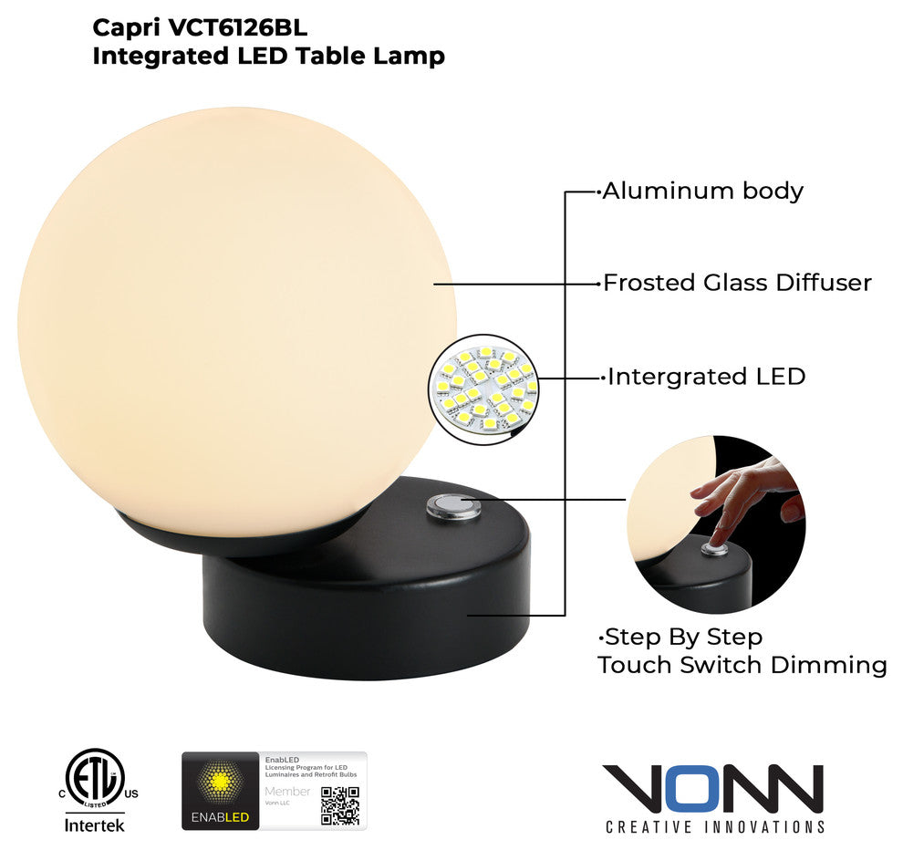 6" Height Integrated LED Table Lamp, Black With Glass Shade