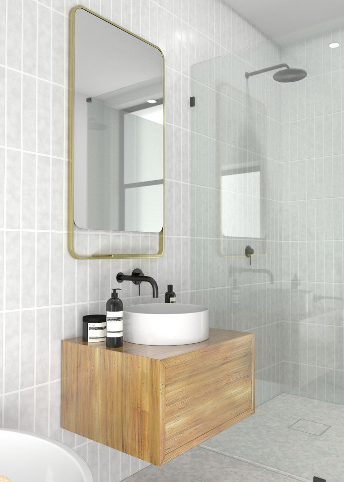 Radius Corner Black Stainless Steel Framed Mirror With Shelf, Satin Brass