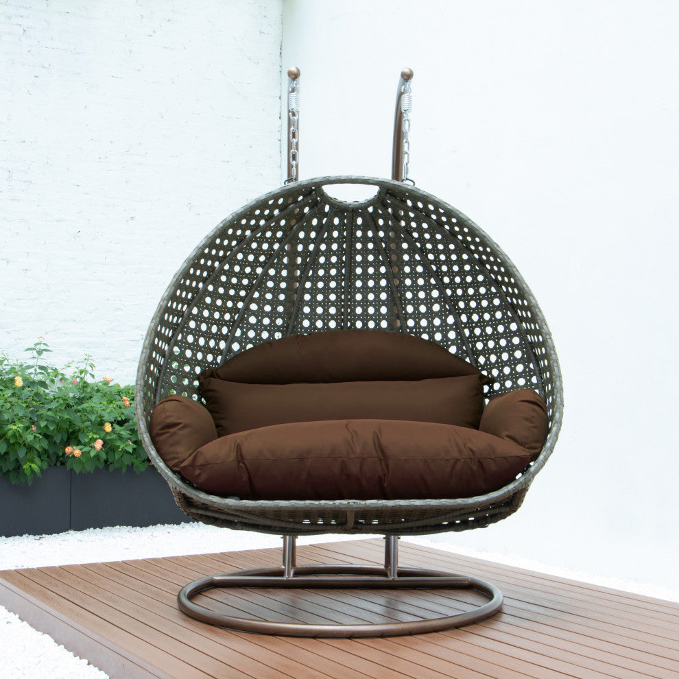 2 Person Beige Wicker Double Hanging Egg Swing Chair, Brown