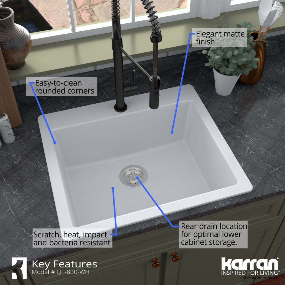 Karran QT-820 Top Mount 25" Single Bowl Quartz Kitchen Sink Kit, White
