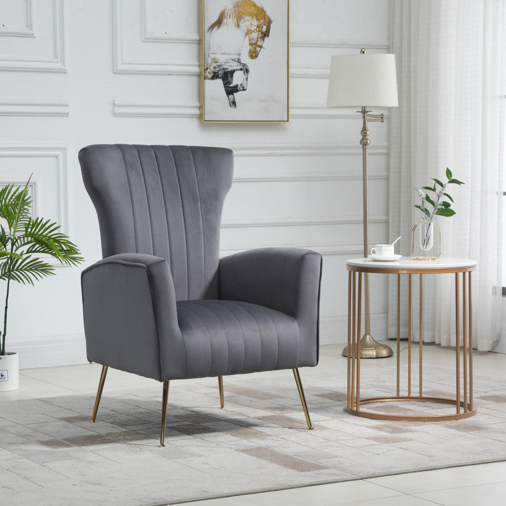 Cela Navy Blue Velvet Upholstered Wingback Chair With Gold legs