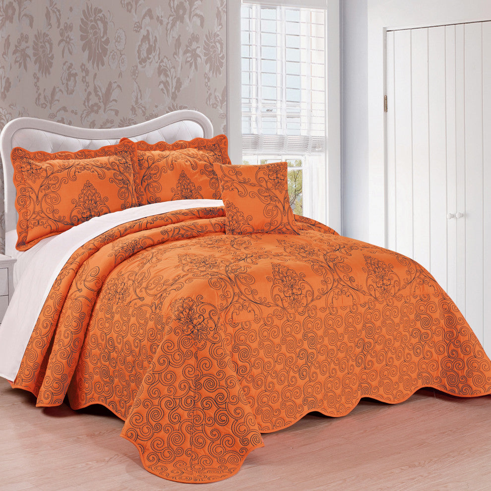 Damask Embroidered Quilted 4 Piece Bed Spread Sets, Nectarine, King