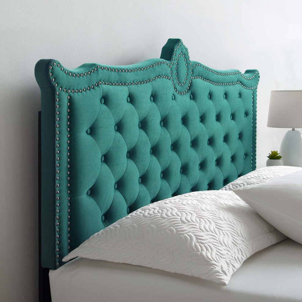 Platform Bed Frame, Nailhead, Queen Size, Teal Blue, Velvet, Modern