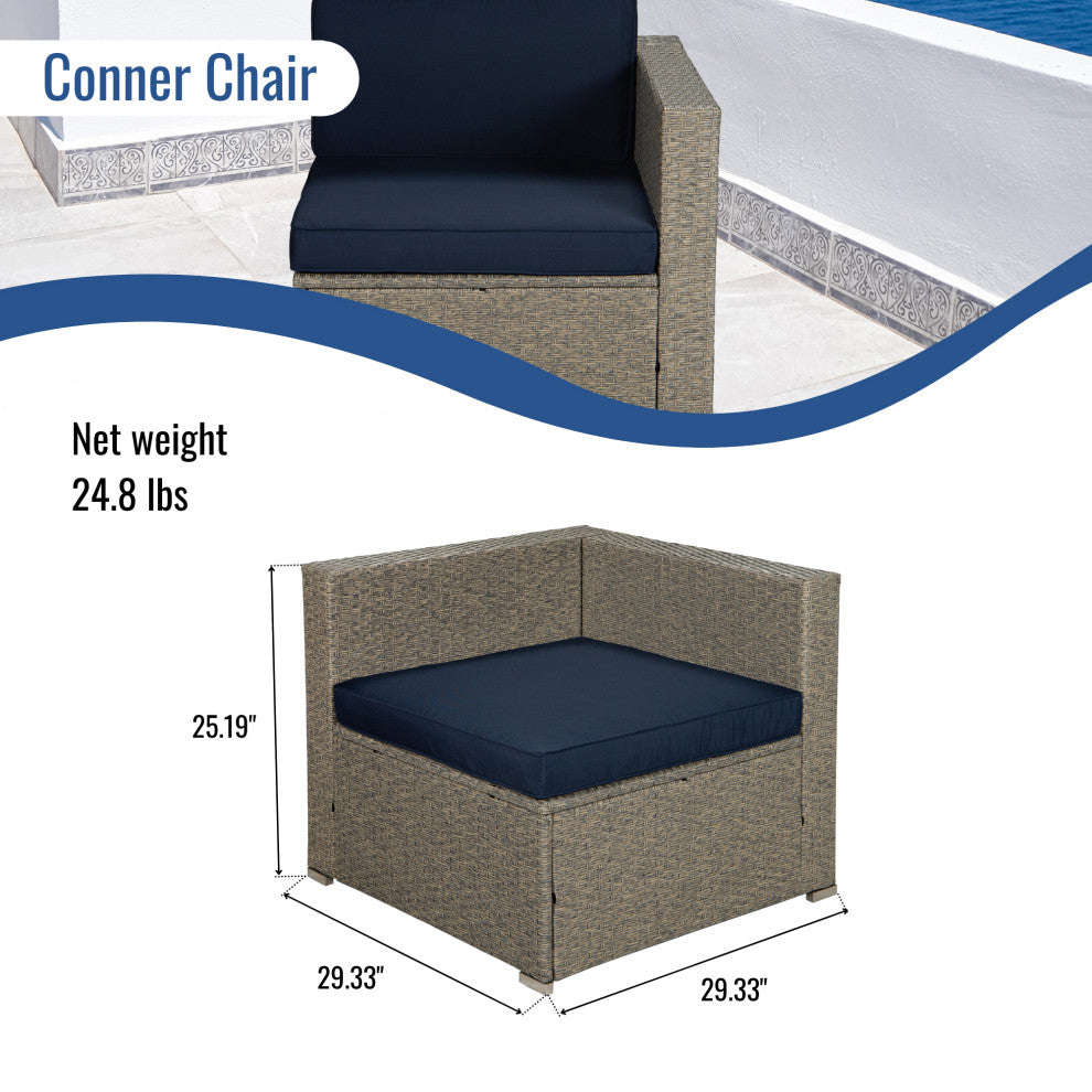 84" Wide Outdoor Wicker Reversible Patio Sectional With Cushions, Navy